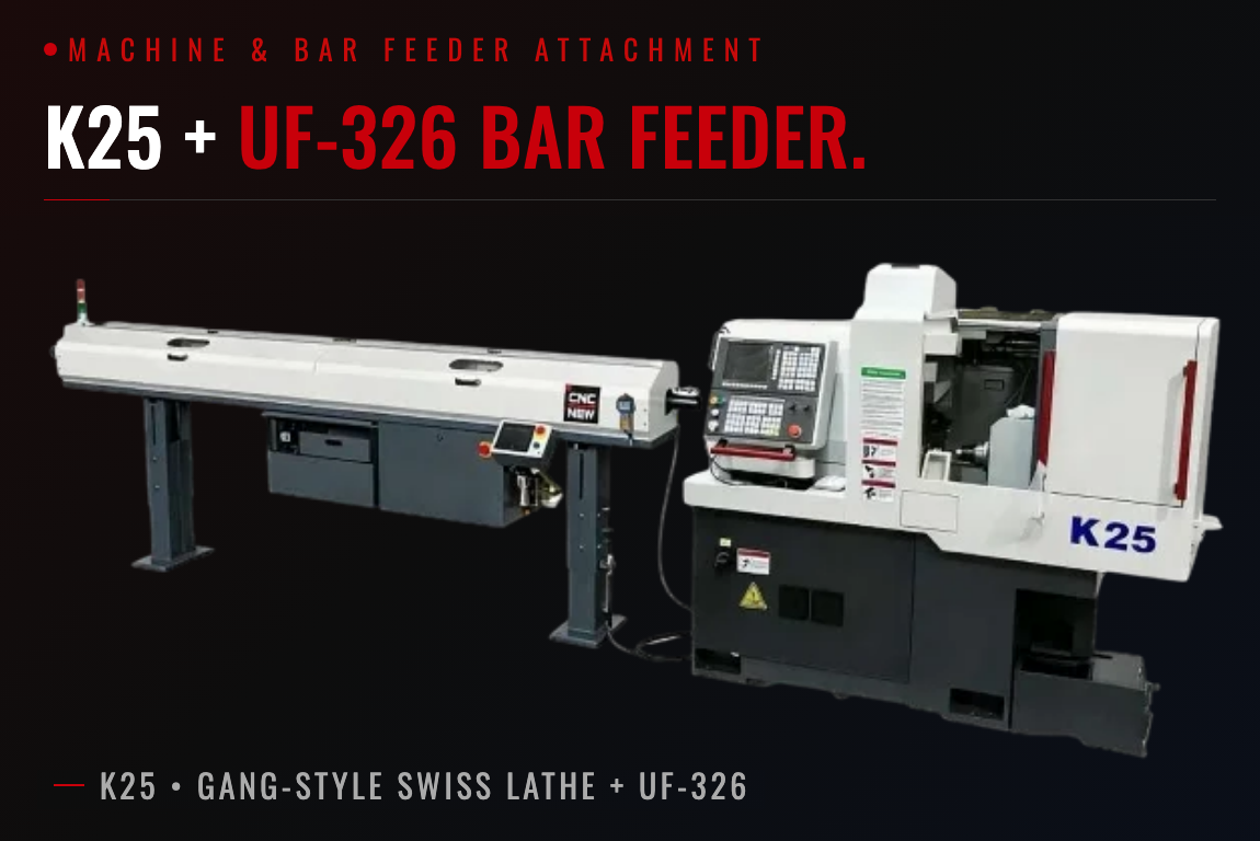 K25 Automatic Gang-Style Swiss Lathe — 7-axis turning operation with servo C-axis live tooling
